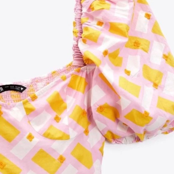 ZARA Pink Yellow Printed Embroidered Puff Sleeve Poplin Bodysuit - Picture 3 of 7